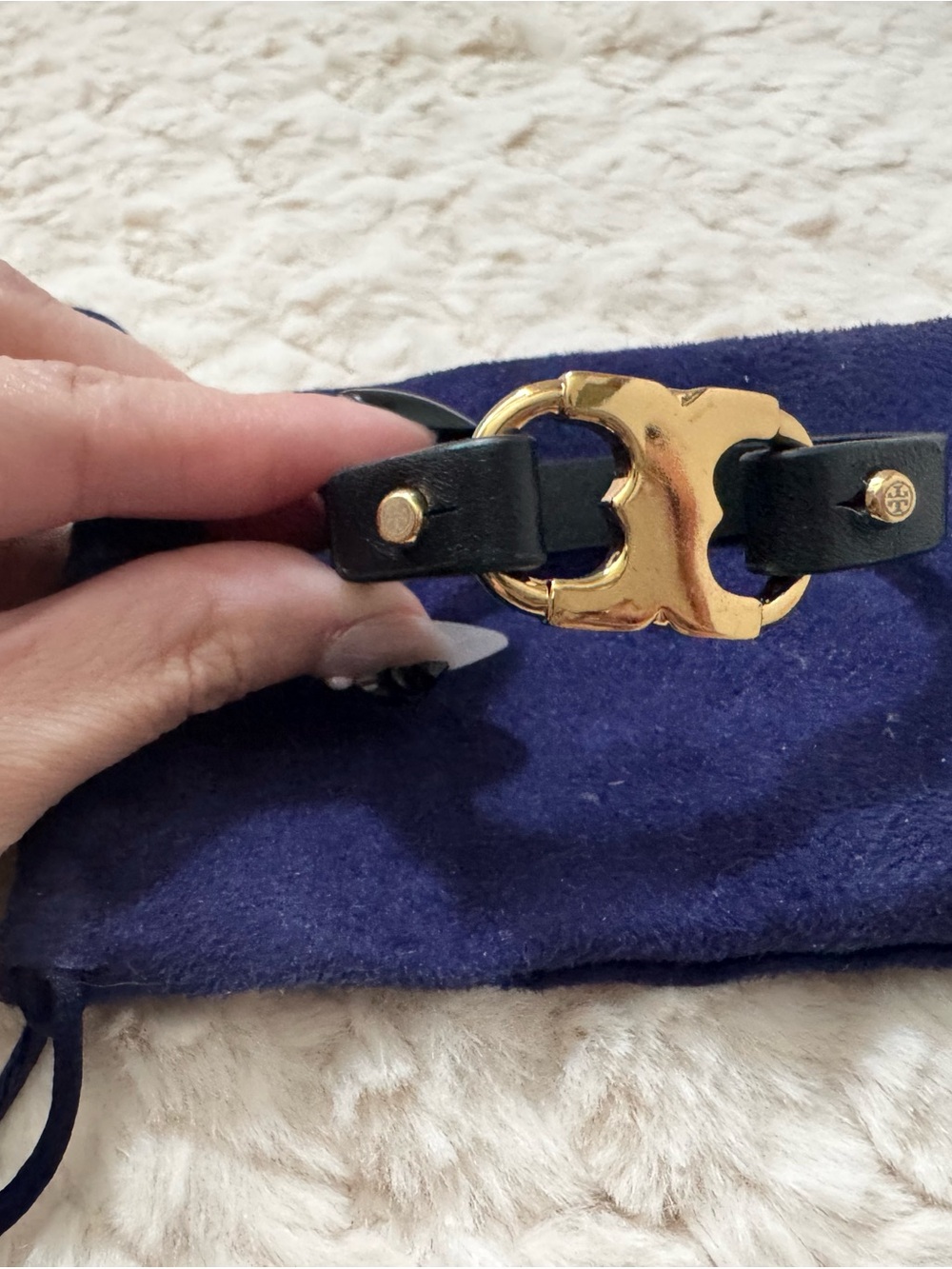 Tory Burch Black Leather Strap with Gold Double-Ring Logo Hardware